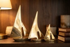 Set of 3 Vintage Brass Sailboat Sculptures – Nautical Decor – Three Sizes picture