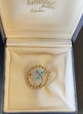 Vtg.Krementz Enamel Forget Me Not Flower Circle Pin/Brooch 14K Gold Jewelry picture
