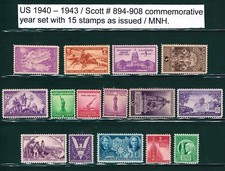 U.S. 1940, 1941, 1942, & 1943 Commemorative Year Set  # 894 - 908 15 MNH  picture
