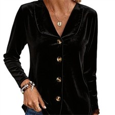 Women Velvet Lapel Collar Blouse Long Sleeve V-Neck Elegant Casual Shirt Top picture