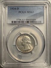 1934-D Washington Quarter PCGS MS63🔥KEY DATE🔥CHOICE BU Brilliant Uncirculated picture
