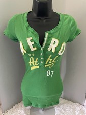 NWT Y2K AEROPOSTALE VNeck Short Sleeve Ribbed Henley Juniors/Women Green/Yellow picture