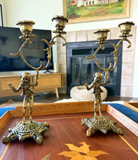 Vintage Brass Figural Candelabra Pair Rococo Style Ornate Candle Holders picture