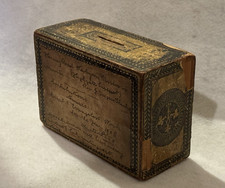 1878 Wood Church Collection Box for Missions Applied Paper w Handwritten Details picture