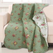 Green Vintage Blossom Floral Printed Reversible Cotton Quilted Throw  picture