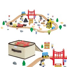Uimoso 70PCS Wooden Train for Kids Ages 3-8 with Tracks and Construction Crane picture
