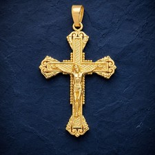 10K YELLOW GOLD CRUCIFIX CROSS PENDANT DIAMOND CUT TEXTURED RELIGIOUS CHARM NEW picture