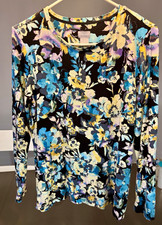 Chico's Black Blue Floral Knit Pullover Top Scoop Neck Long Sleeve Stretch Sz 1 picture