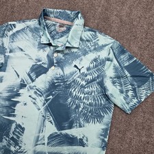 Puma Golf Mens Palm Fern Print Tropical Polo Shirt Blue Teal Floral picture