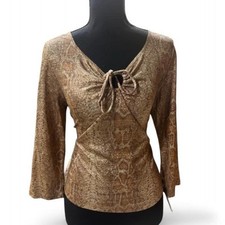 Vintage Y2K Xhilaration Gold Metallic Shimmer Top XL Tie-Neck Flare Bell Sleeve picture