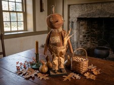 Primitive Handcrafted Halloween Buster Pumpkin Man Doll on Stand 25