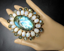 MASSIVE Genuine Labrodorite and Moonstone Starburst Gold Plate Adjustable Ring picture