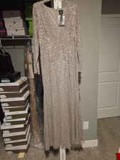 Adrianna Papell Women's Beaded Mesh V-Neck Mermaid Gown Long Illusion Sleeves picture