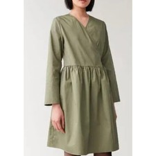 COS Gathered Cotton Poplin Wrap Dress Olive Green Sz 2 {2C31} picture