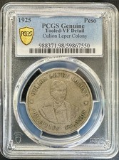 Philippines 1925 Culion Leper Colony 1 Peso KM18 PCGS Genuine Tooled VF Detail picture