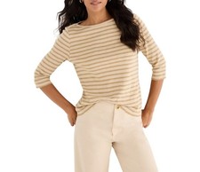 NZT NIC+ZOE Neutral Striped Cotton Modal Boat Neck 3/4 Sleeve XL Top Granola picture
