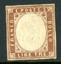 Italy 1861 Sardinia 3 Lire Bronze Imperf Thin paper Scott #15 Mint L405 picture