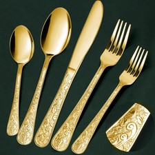 40-Piece Vintage Carved Gold Silverware Set for 8, Stainless Steel Flatware Set picture