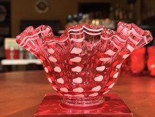 Vintage 1950s Fenton Cranberry Opalescent Polka Dot Ruffled Glass Bowl Dish picture
