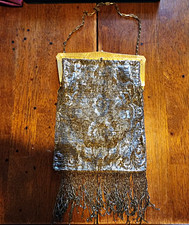 French Steel 1920s Art Deco Gold Metal Mesh Evening Purse Kiss Lock Chain picture