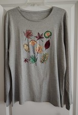 Talbots Gray Long Sleeve Cotton Tee with Fall Leaves Motif Womens XL NWT picture