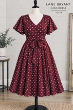Lane Bryant Plus  Lena Size 18 Burgundy/White Polka Dot VNeck Midi A-Line Dress  picture