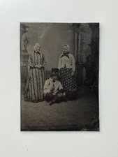 Antique Tintype Three People in Unusual Costume Headscarves 1/6 Plate picture