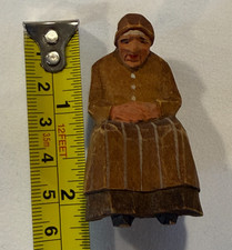 Vintage ANRI Flat Plane Wood Carving Old Woman Sitting in Chair Figurine 3.5