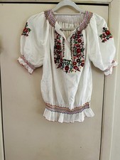 Vtg 60s Hungarian Kalocsa Embroidered Blouse Folk Boho Puff Sleeve Cottagecore picture