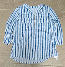 Women’s Blue/White Striped Blouse Size S Regular 3/4 Sleeve Round Neck Zip picture