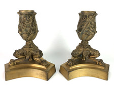 Pair French Neoclassical Brass Tri Claw Footed Candlesticks Lamp Bases picture
