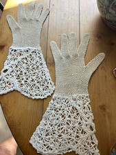Vintage 1930s Women’s Cream Crochet Knit Gauntlet Gloves Lace Long Cuff Wedding picture
