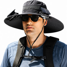 Solar Fan Hat Wide Brim Cooling Hat 2 Fans USB Rechargeable Fishing Hiking Black picture