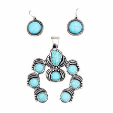 TIGERSTARS VINTAGE BOHO TURQUOISE STONE EMBOSSED PENDANT EARRING SET picture