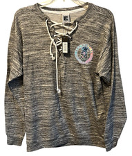 NWT LE Women Plus Size XXL 2X Lace Up LS Sweatshirt Top Vneck Gray White Heather picture