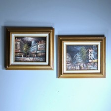 Pair Vintage Paris Street Scene Oil Paintings Signed Framed picture