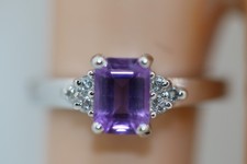 DESIGNER EMA 14K WHITE GOLD EMERALD CUT PURPLE AMETHYST DIAMOND RING SIZE 5.5 picture