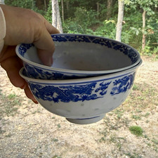 Chinese Blue & White Porcelain Bowl w/ Character Mark, Dragon & Floral Design picture