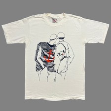 VTG Oneita Power T Shirt White Single Stitch Minimalist Line Art Mens Large 90s picture