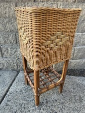 Vintage MCM Bamboo Wicker Rattan Plant Stand Basket 1-shelf Boho 25.5