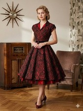 Vintage Jane Engel New York Red Black Lace Dress 2 4 1930's 1940's picture