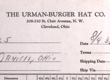 1938 THE URMAN-BURGER HAT CO CLEVELAND OH ORVILLE OHIO BILLHEAD INVOICE Z443 picture