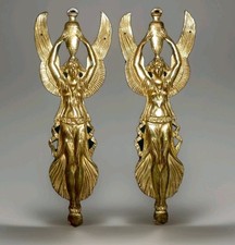 TWO FRENCH ANTIQUE BRASS/ BRONZE  PEDIMENTS MOUNTS DECORATIONS WINGED CARYATIDS picture