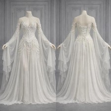 Celtic Chiffon Wedding Dress Cold Shoulder Flared Bell Sleeve Beaded Bridal Gown picture