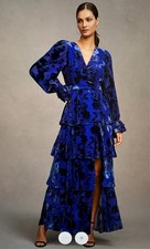 Hutch Bardot Long-Sleeve V-Neck Velvet Burnout Wrap Tiered Maxi Dress Size L picture