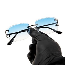Men's Gem Cut Sky Blue Tint Silver Frame Rimless Luxury Rectangle Sunglasses picture