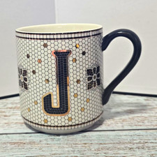 Anthropologie Coffee Mug Letter J Monogram Ceramic/Porcelain White Black Gold picture