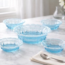 George Davidson & Co 4 electric blue opalescent glass berry bowls & master bowl. picture