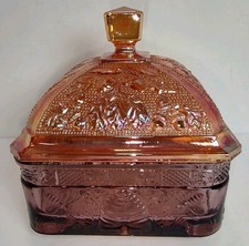 Vintage Indiana Glass Tiara Honey Bee Box Purple Base Marigold Carnival Lid picture
