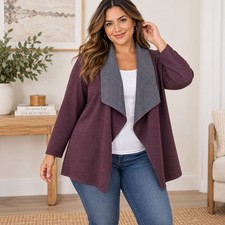 Weekends by Chico's Reversible Drape Neck Cardigan Bordeaux Grey Striped Size 3 picture